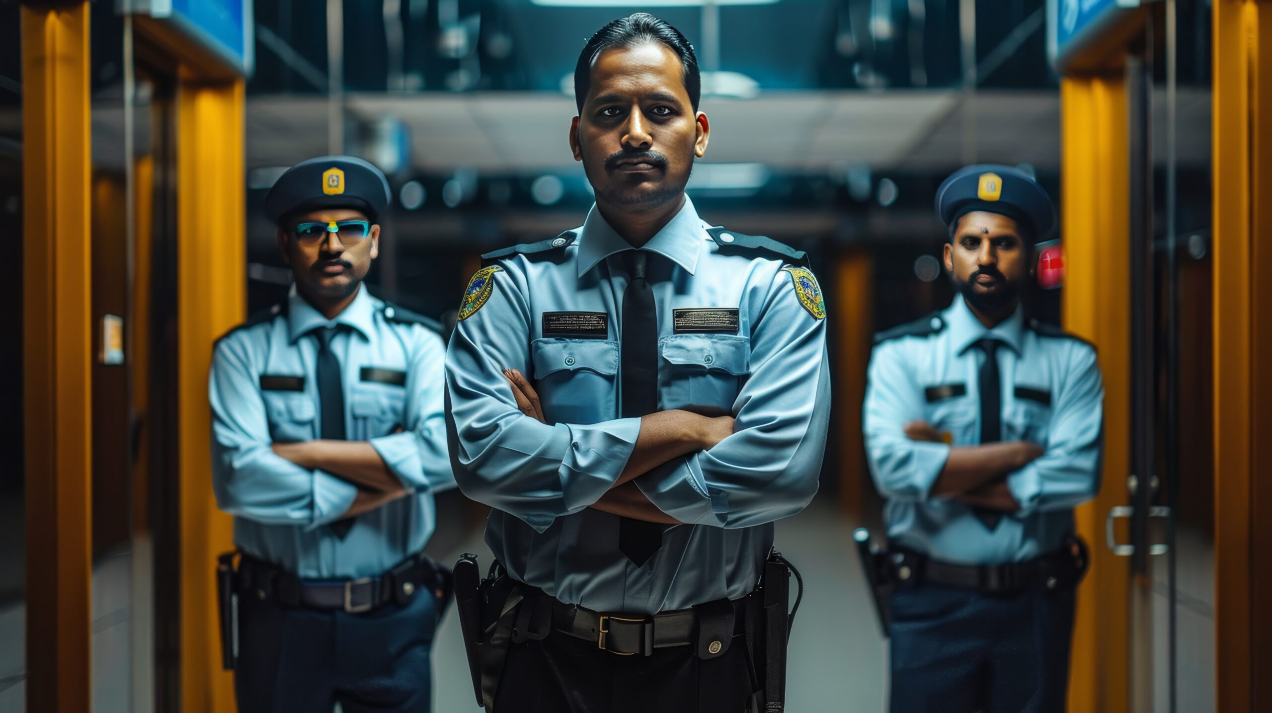portrait indian police officers standing with arms crossed office